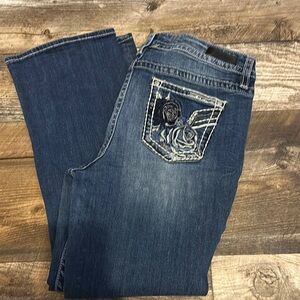 Vigoss Dark Blue Slim Boot Jeans with Subtle Sparkly Rose Embroidery